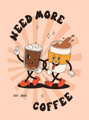 Collection of posters with cute cartoon characters of coffee takeaway and pastries donut, chocolate chip cookie, ice cream and cupcake. Desserts food and drink in retro groovy style