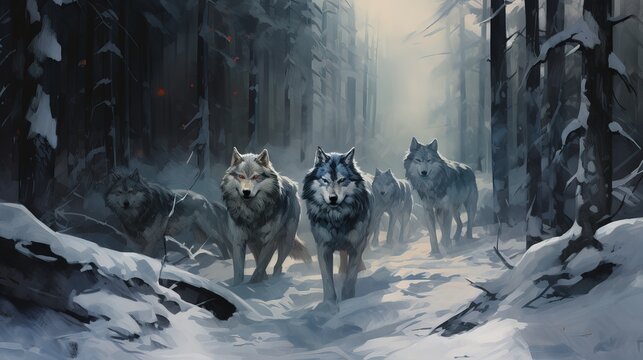 Wolves in winter forest. Forest predators in winter.
