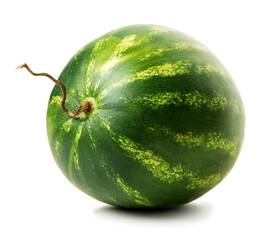 A whole striped watermelon with a ponytail. Isolate on white background