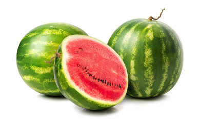 Whole striped watermelons whole and cut. Isolate on white background