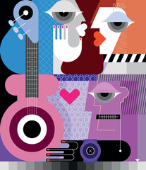 Modern abstract art portrait of Three Adult Persons, vector illustration. Man holding out his hand to the classic guitar. - 627324707