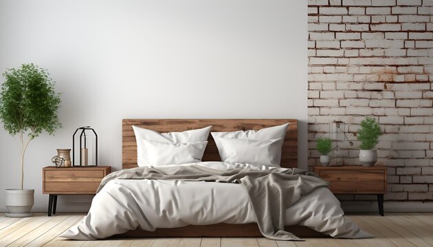 Bedroom With Pillows And Half Brick Wall