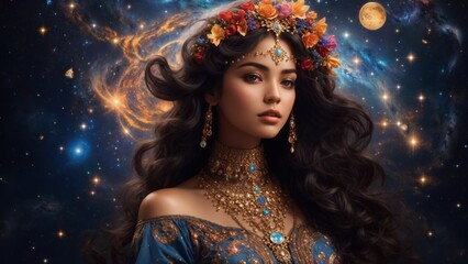 Cosmic Goddess: a girl as a cosmic deity, with galaxies swirling in her eyes and constellations decorating her clothing.