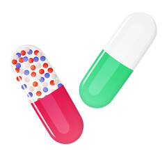 Two capsules with medicine. Pharmacy banner concept