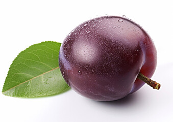 Single fresh organic plum with leaf on white background.Macro.AI Generative