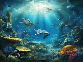 Naklejka na ściany i meble In this digital artwork, a playful and mythical underwater paradise is depicted with vibrant colors and cheerful sea turtles happily swimming around.