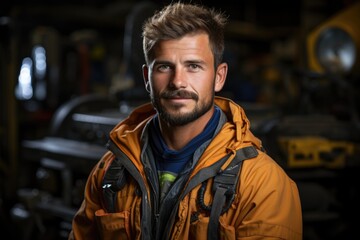 Fototapeta premium A man with a beard wearing an orange jacket. Digital image. Car mechanic or manual worker portrait.