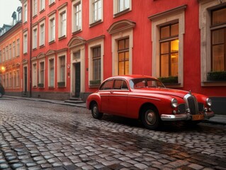 Fototapeta na wymiar The image is a classic red retro car parked on a charming cobblestone street with a historic building standing in the background. The atmosphere is nostalgic and romantic.