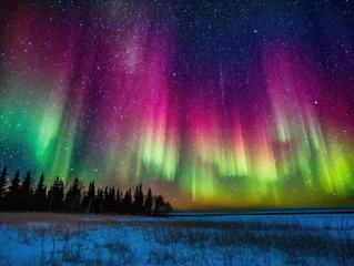 Foto auf Acrylglas Nordlichter The aurora borealis dances across the night sky, illuminating it with stunning hues of vibrant green and pink, painting a magnificent and breathtaking display of natural colors.