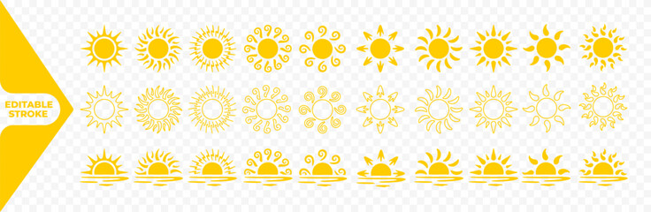 Sun with rays or sunburst vector icons collection. Radial sunset beams graphic design. Sunset or sunrise over the ocean or sea