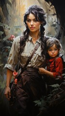 Fototapeta na wymiar A painting of a woman holding a child. Digital image.