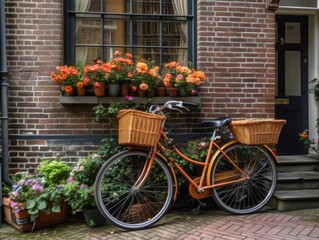 Fototapeta na wymiar A vintage bicycle with a wicker basket full of fresh produce stands parked in front of a red brick building.