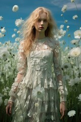 A woman standing in a field of white flowers. Digital image. Coming back to nature.