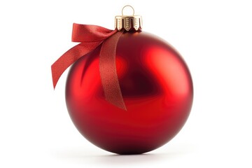 Red bauble christmas ball with a ribbon decoration isolated, AI - obrazy, fototapety, plakaty