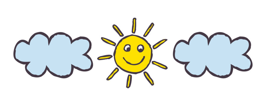 Doodle smiling sun with clouds. Colorful hand drawn sun and cloud weather symbol isolated on white background. Vector illustration
