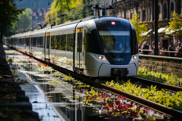 Fototapeta premium Green Mobility: Embracing Sustainable Journeys with Futuristic EVs, Solar-Powered Infrastructure & Serene Cityscapes. Green Energy Concept for Transportation. Sustainable Transportation Solutions.