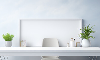 A contemporary white workspace with copy space, set against a blurred background of a modern white office. generative AI