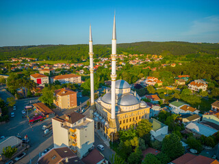 Kilyos Merkez Camii Mosque aerial view in historic town center of Kumkoy in Sariyer district of Istanbul, Turkey. 