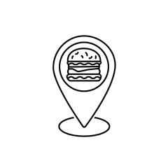Location pin and burger thin line icon. Burger shop or cafe location concept. Isolated on white background.