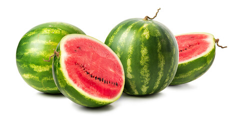 Whole striped watermelons whole and cut. Isolate on white background