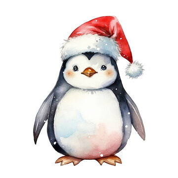 watercolor drawing, cute penguin character in a christmas hat. children's illustration for the new year, christmas. generated AI
