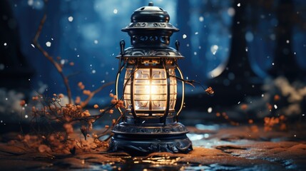 A lantern is lit up in the snow. Magic lantern outdoors at night.