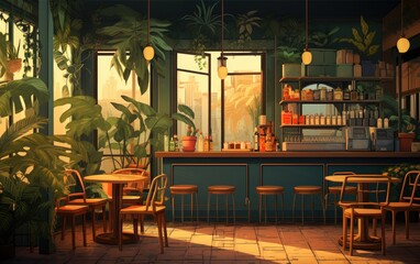 Fototapeta na wymiar A wooden design cafe in the sunset jungle.