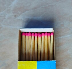 Matchbox. Matches close-up. Macro photography. Matches in an open box of matches on a cardboard backing.