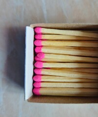 Matchbox. Matches close-up. Macro photography. Matches in an open box of matches on a cardboard backing.
