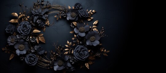 Generative AI, Close up wreath, blooming flowerbeds of amazing black flowers on dark moody floral textured background.