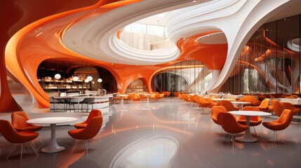 The futuristic modern interior of the restaurant.