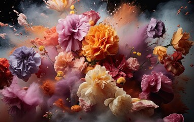 Fototapeta na wymiar Colorful flowers in the exploding powder background.