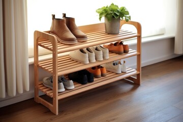A wooden shoe rack with several pairs of shoes on it. Digital image. - Powered by Adobe