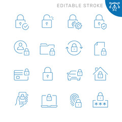 Vector line set of icons related with locks. Contains monochrome icons like lock, fingerprint, code, document, protection and more. Simple outline sign. Editable stroke.
