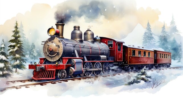 A painting of a train traveling through a snowy forest. Christmas steam train.