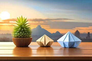 Origami and cactus on wooden table, generative Ai art