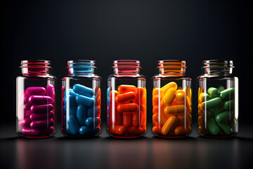 Colorful capsules in glass bottles, set on black background. Pills of drugs. Pharmacy banner. Painkiller medicine and antibiotic resistance concept. Pharmaceutical industry. Image is AI generated.