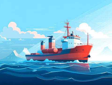 Illustration of a cargo ship sailing the ocean. These ships send merchandise all over the world in large quantities by ocean route.