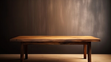 Wooden table in front of wooden wall with light and shadow.