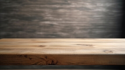 Empty wooden table in front of abstract blurred background. For product display