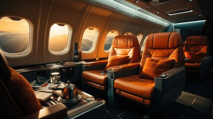 Luxurious interior of a private jet, Premium Business Class Seats for Luxury Air Travel, Posh first class airplane cabin, Exclusive First Class Airplane Seating with Personal Entertainment System