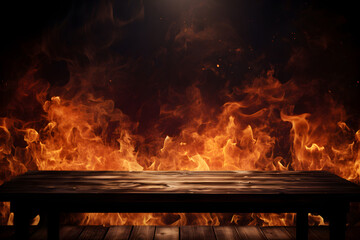 Wooden Table with Fiery Background hot and spicy Menu Promotion