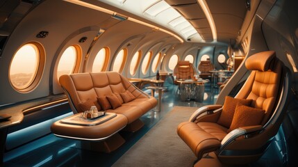 Luxurious interior of a private jet, Premium Business Class Seats for Luxury Air Travel, Posh first class airplane cabin, Exclusive First Class Airplane Seating with Personal Entertainment System