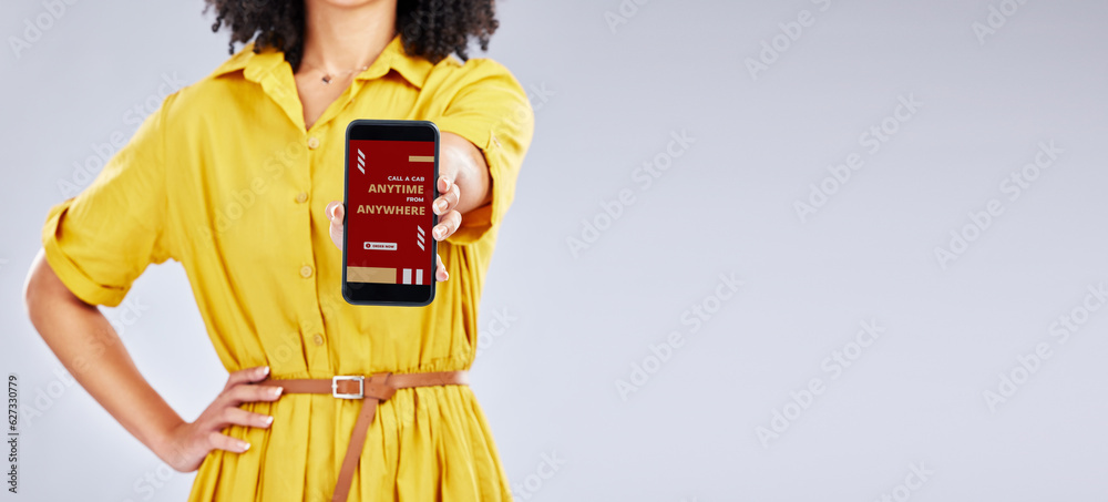 Poster hands, phone screen and woman with app for taxi isolated in studio on a white background mockup spac