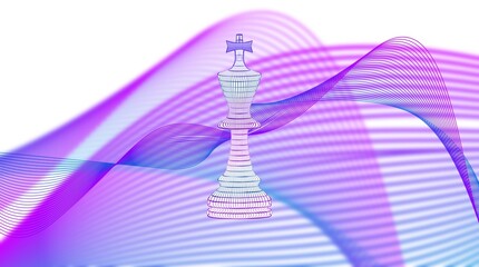Fototapeta premium Abstract low poly 3D chess piece with a light beam around. A digital grid consisting of pink lines, dots and rectangles highlighted with a black background. The concept of teaching chess. 