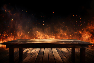 Wooden Table with Fire Background