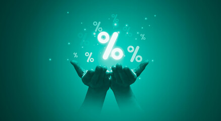 Two hand holding  percentage symbol for financial banking increase interest rate or mortgage...