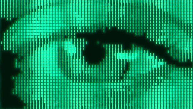 Green halftone digital cyber eye abstract background. Artificial intelligence and futuristic big data technology. Binary coding and spying concept