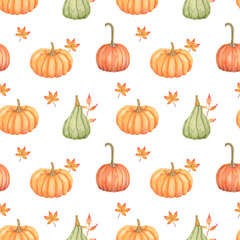 Seamless watercolor autumn pattern with pumpkin leaves. Background with fall plants