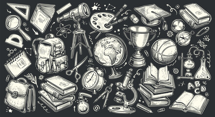 Education concept. Set of school items drawn in chalk on black school board. Vector illustration